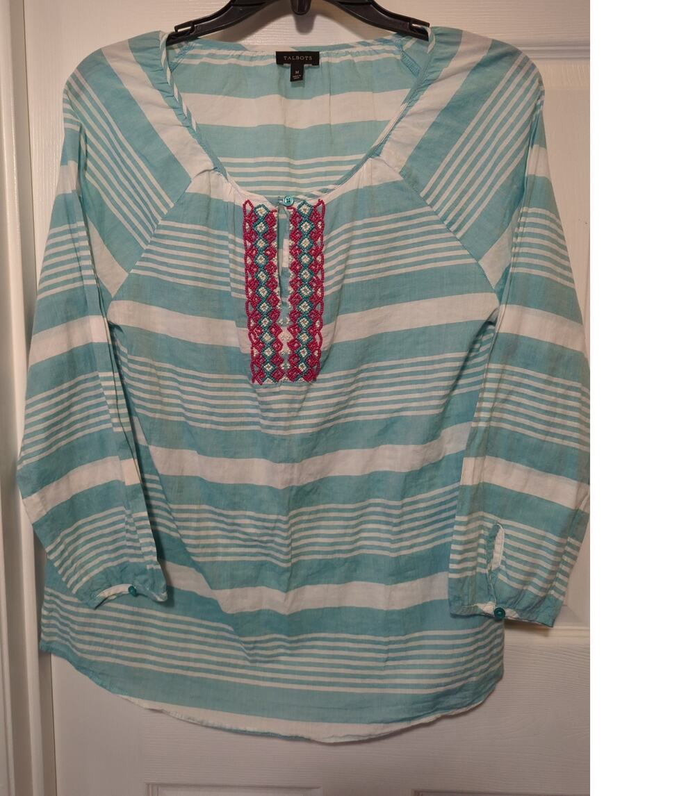 Talbots lightweight Boho 3/4 sleeve Teal with Red and Indigo bead work Neck Sz M
